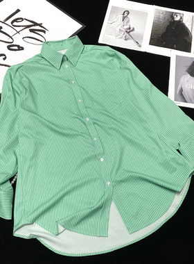 CCA自制高街大牌风绿色条纹衬衫大版oversize中长款男友风衬衣女