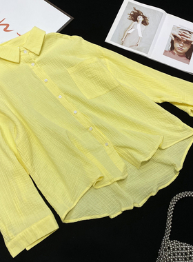 CCA自制小众设计感可卷袖棉麻长袖衬衫休闲慵懒黄色中长款衬衣女