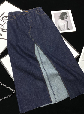 CCA自制高开叉牛仔半身裙复古深蓝色长款牛仔裙高腰包臀一步裙女