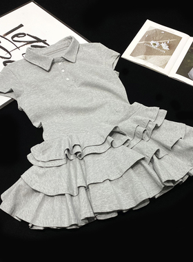 CCA自制高街大牌风翻领短袖T恤裙设计感灰色蛋糕裙polo衫连衣裙女