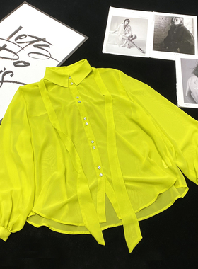 CCA自制小众设计感领结黄色衬衫蝴蝶结宽松氛围感亮色气质衬衣女