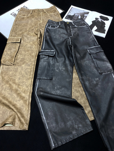 长裤 CCA自制美式 高腰拖地阔腿裤 皮裤 辣妹复古水洗工装