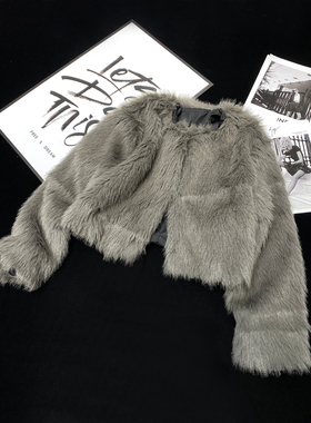 CCA氛围感秋冬仿兔毛灰色短款皮草外套小个子外搭圆领毛毛开衫女