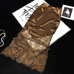 CCA自制小众设计感性感蕾丝拼接仿绸缎亮面半身裙缎面醋酸中长裙