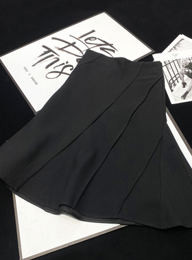 CCA2024新品黑色鱼尾半身裙女斜拼接不规则百搭中长款a字裙中裙女