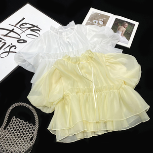 裙摆上衣小衫 CCA自制甜妹花苞袖 木耳边短款 甜美娃娃衫 女 系带短袖