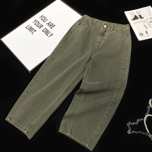 CCA自制美式辣妹风复古低腰工装裤茧型绿色9分牛仔裤显瘦裤腿裤女