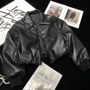 CCA自制辣妹夹棉翻领飞行员皮衣夹克外套PU皮短款加厚黑色皮棉衣