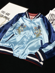 CCA设计感重工刺绣拼色缎面棒球服双面穿仿绸缎亮面撞色夹克外套