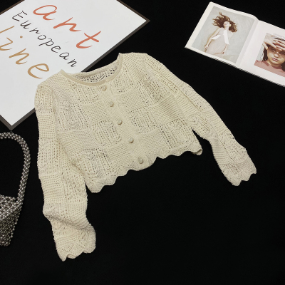 CCA自制度假风气质提花网眼针织开衫设计感镂空格子短款外搭外套