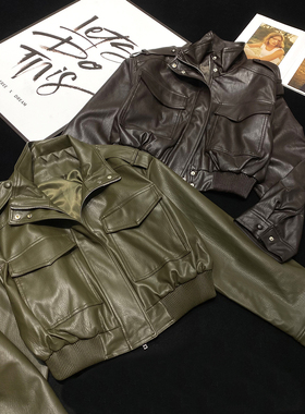 CCA自制美式复古空军飞行员皮夹克短款军绿色工装收腰PU皮外套女