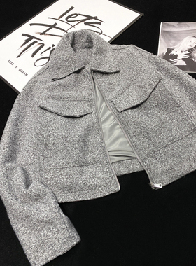 CCA自制INS博主款灰色短款毛呢夹克外套大口袋翻领高级灰呢子夹克