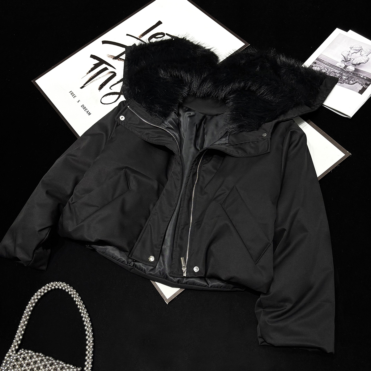 CCA自制小众设计感短款黑色连帽棉衣外套短款棉服女帽子可变毛领