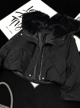 CCA自制小众设计感短款黑色连帽棉衣外套短款棉服女帽子可变毛领