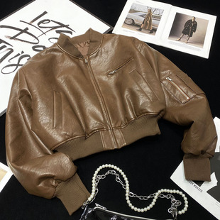 CCA自制辣妹夹棉飞行员皮衣夹克外套棕色PU皮短款加厚MA1棒球服女