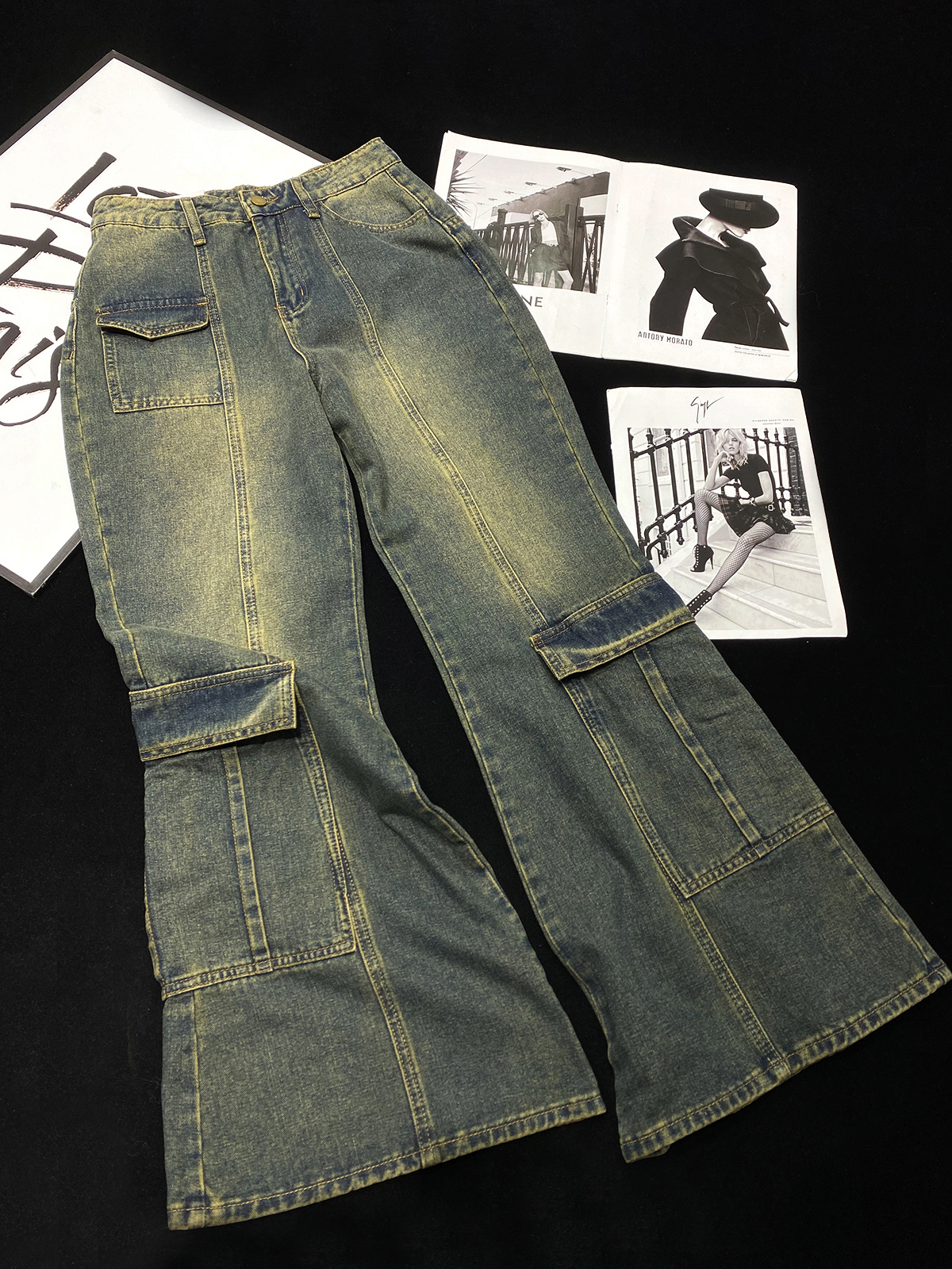 美式复古宽松裤腿大口袋牛仔裤