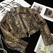 CCA自制美式 辣妹风时髦蛇纹皮衣仿皮PU皮夹克拉链翻领短款 皮外套