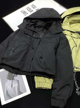 CCA自制高街连帽夹棉加厚冲锋衣夹克棉衣外套短款军绿色带帽棉服