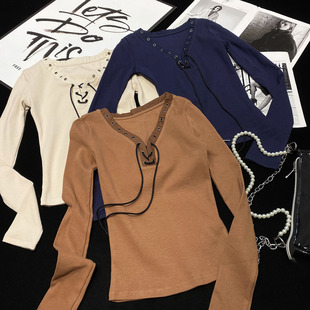 CCA自制辣妹个性胸前系带打底衫紧身显瘦弹力纯色绑带长袖T恤上衣