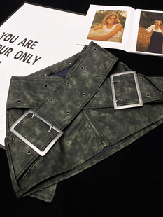 CCA自制辣妹风宽腰带交叉设计PU皮复古短裙水洗绿色半身裙皮裙女