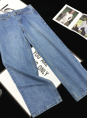 CCA自制美式辣妹风水洗磨白中低腰蓝色牛仔裤直筒拖地牛仔长裤女