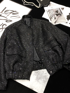 粗花呢夹克开衫 CCA黑色亮片小香风外套女2024春秋新款 高级感短款