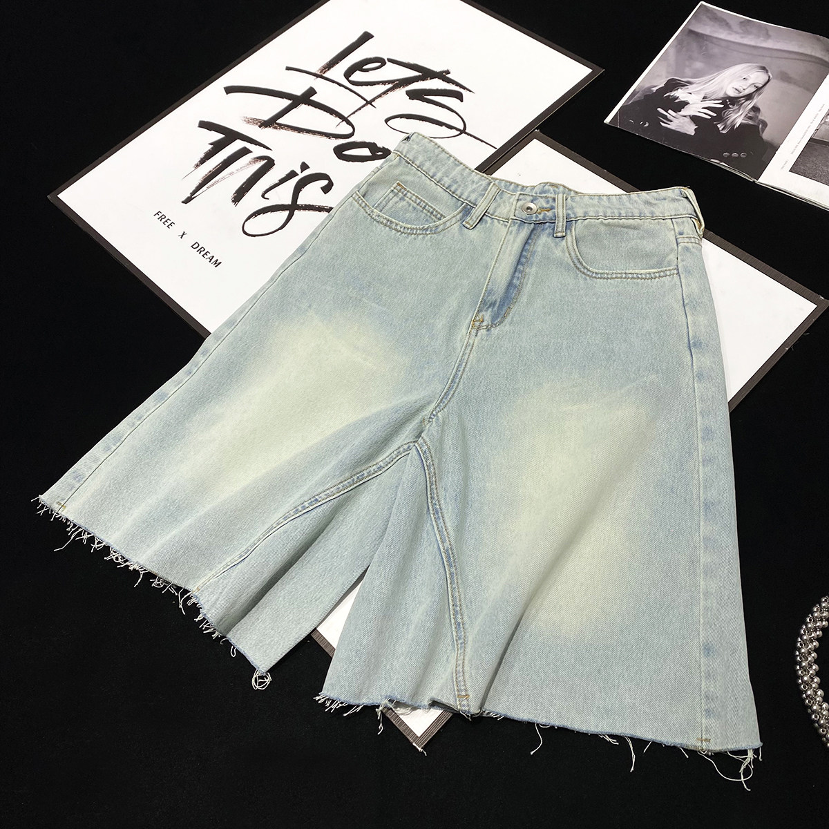 CCA自制高街大牌风高级感穿搭A型7分牛仔裤水洗磨白浅蓝色阔腿裤