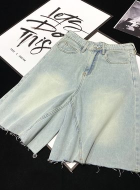 CCA自制高街大牌风高级感穿搭A型7分牛仔裤水洗磨白浅蓝色阔腿裤