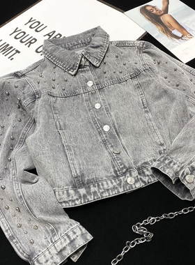 CCA自制美式复古辣妹风人造珍珠钉珠灰色牛仔夹克短款做旧外套女