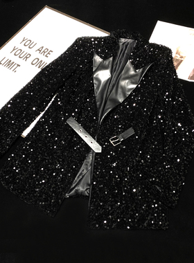 CCA自制拼皮翻领全身黑色亮片西装外套中长款亮闪闪时髦演出西服