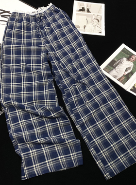 CCA自制高街明星同款蕾丝花边蓝色格纹阔腿裤拖地休闲裤抽绳长裤