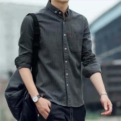 干活穿的衬衫男士上班牛津纺衣服春秋薄款工作服条纹衬衣长袖外套