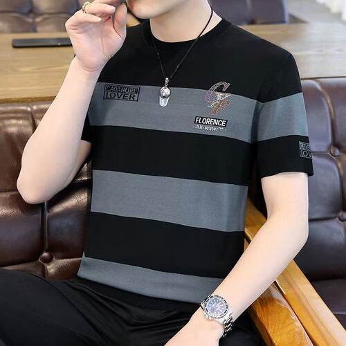 清仓捡漏冰丝短袖T恤男薄款凉感圆领体恤衫休闲潮流条纹印花上衣