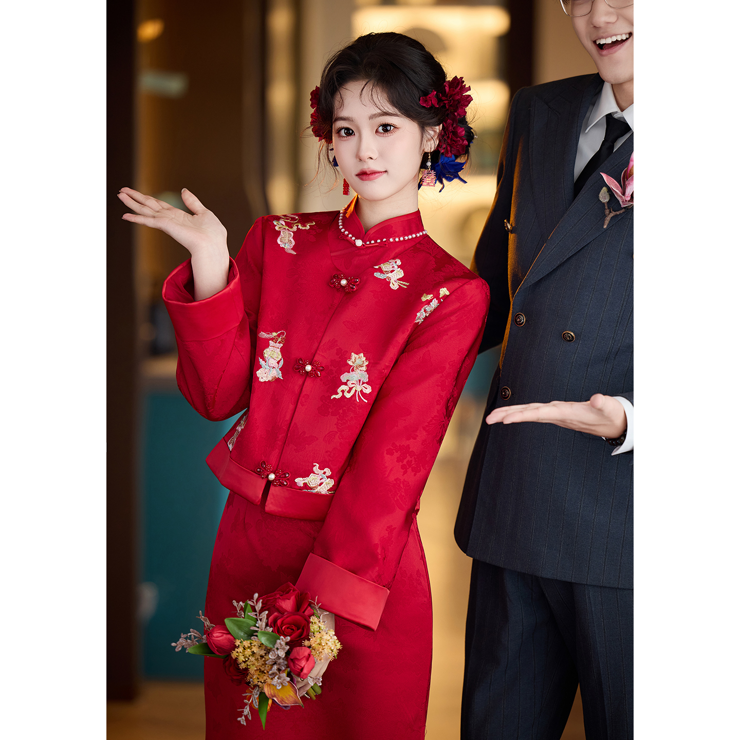 红色旗袍套装敬酒服新娘冬装订婚结婚礼服新中式婚礼回门冬季外套