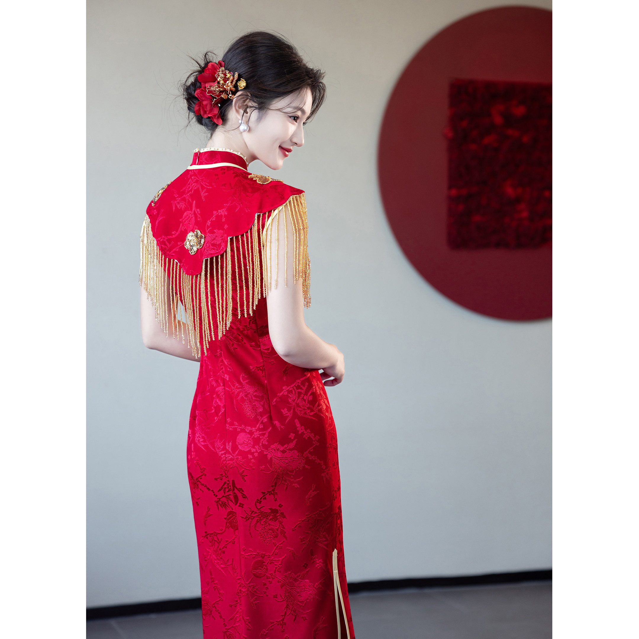 红色旗袍配披肩敬酒服新娘新中式夏小个子订婚衣服结婚礼服出阁宴