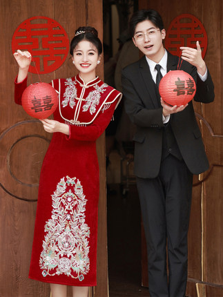 中式敬酒服新娘2025新款冬季加绒红色旗袍气质订婚结婚礼服高级感