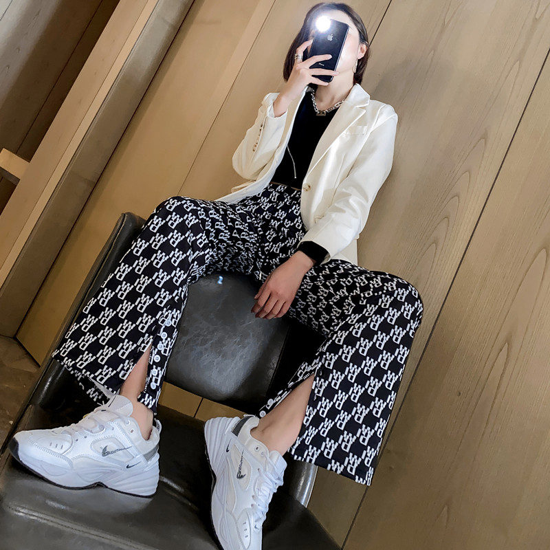 Real shot new large elastic waist letter printing casual pants women's versatile wide leg pants show thin split pants