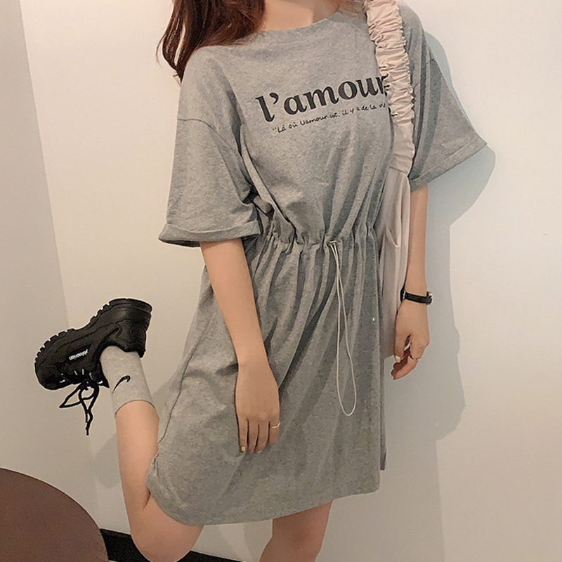 Real shot summer dress mid length drawstring waist slim dress T-shirt