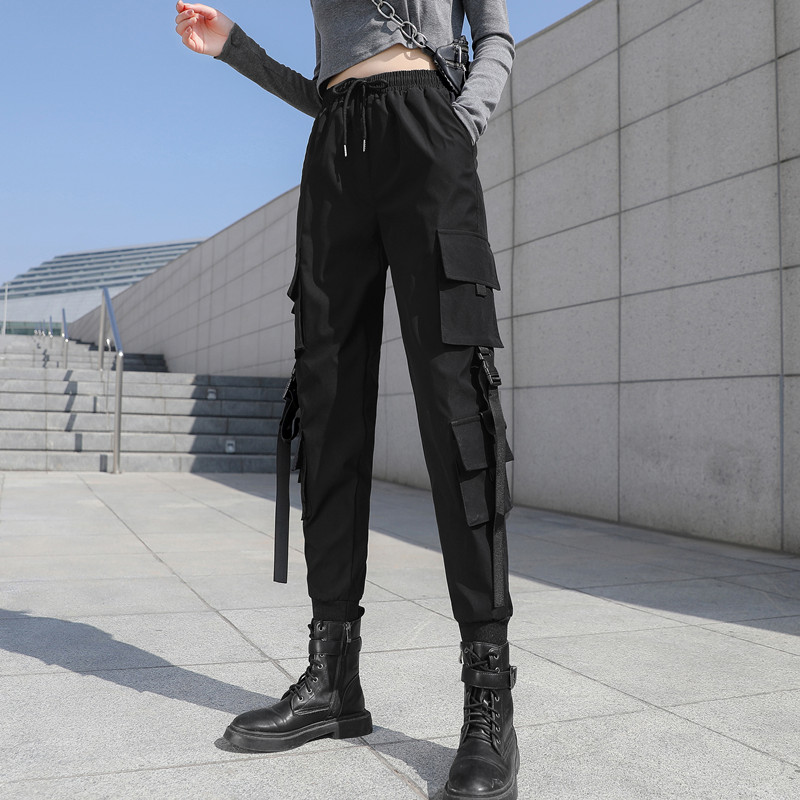 Real shot new black corset overalls women's loose, slim and super fire nine point casual pants sports pants