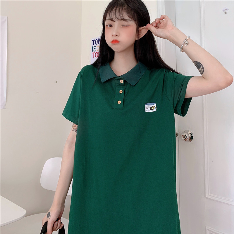 Real shot Lapel T-shirt college grey polo collar T-shirt student medium length loose T-shirt skirt