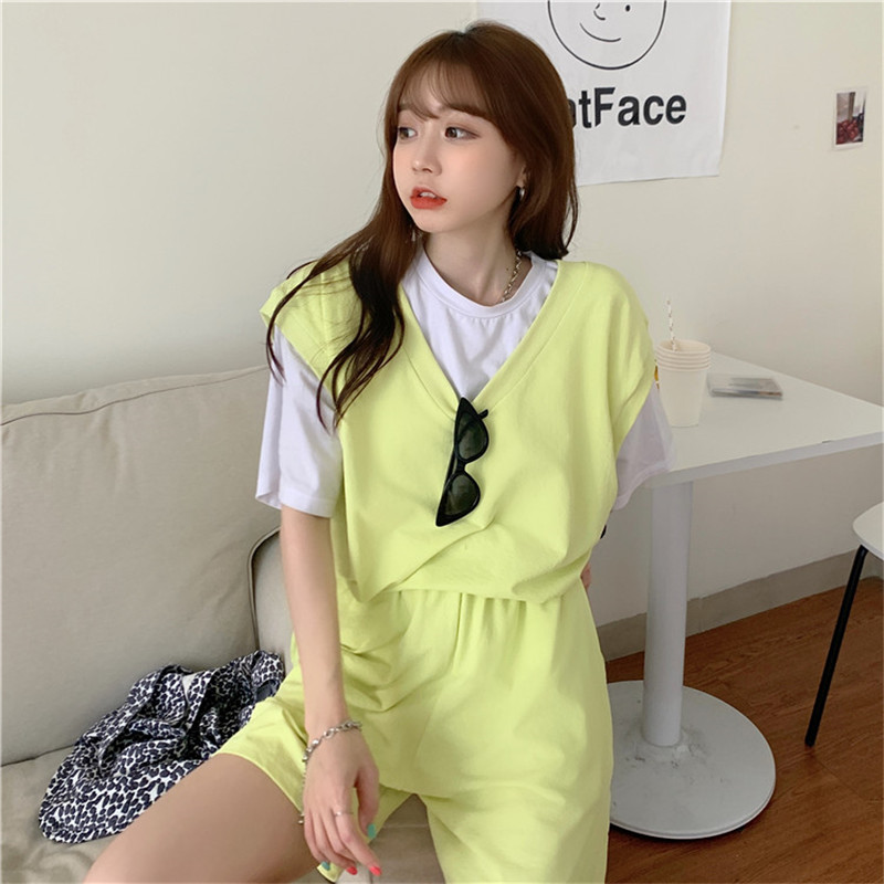 New summer leisure sports suit summer women's collar loose waistcoat shorts two piece set fashion