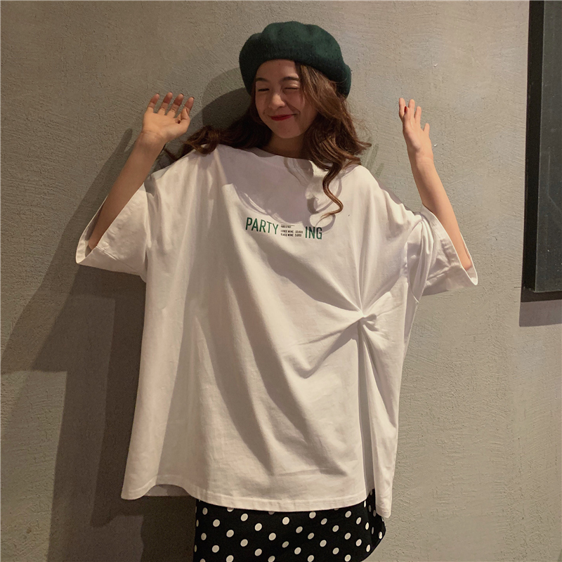 Letter print simple new loose knot medium length short sleeve T-shirt women's summer big edition Hong Kong style design feeling