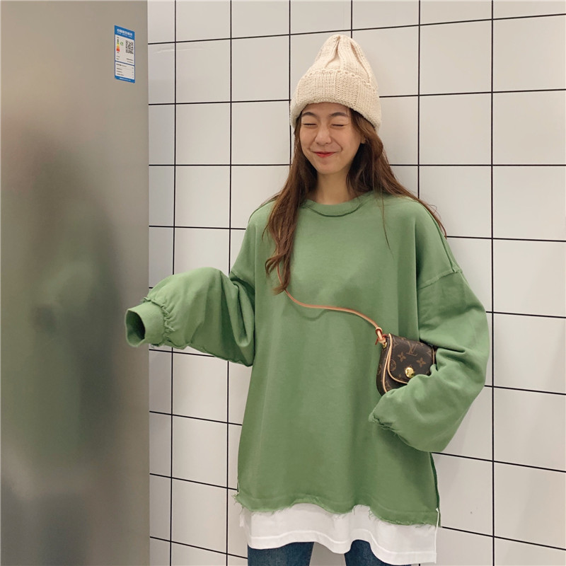 Real shot solid color sweater autumn Korean versatile hooded Avocado Green fake two-piece top spring and autumn fashion