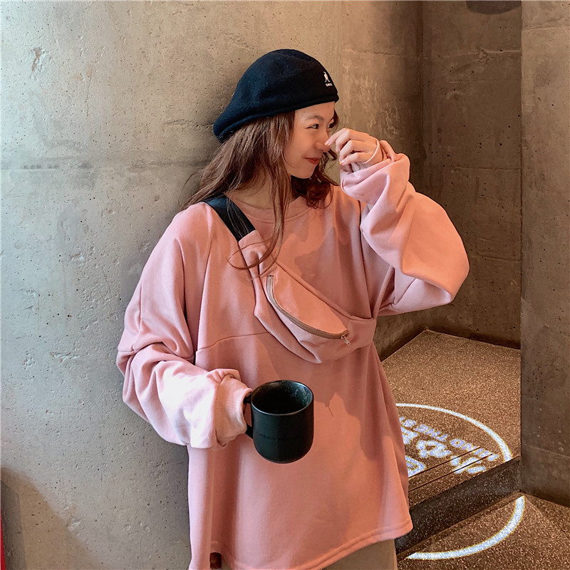 Real photo 2021 new Korean fashion women's suit loose and thin round neck long sleeve sweater + Waist Bag Fashion