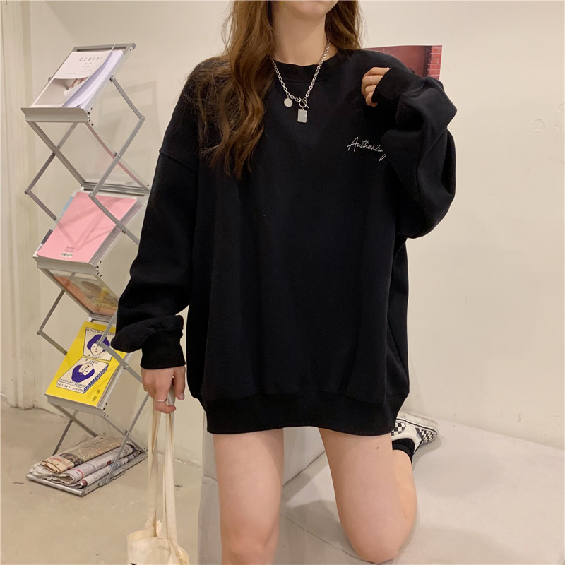 Real shot lettered embroidery Plush sweater women's middle and long loose Korean casual top