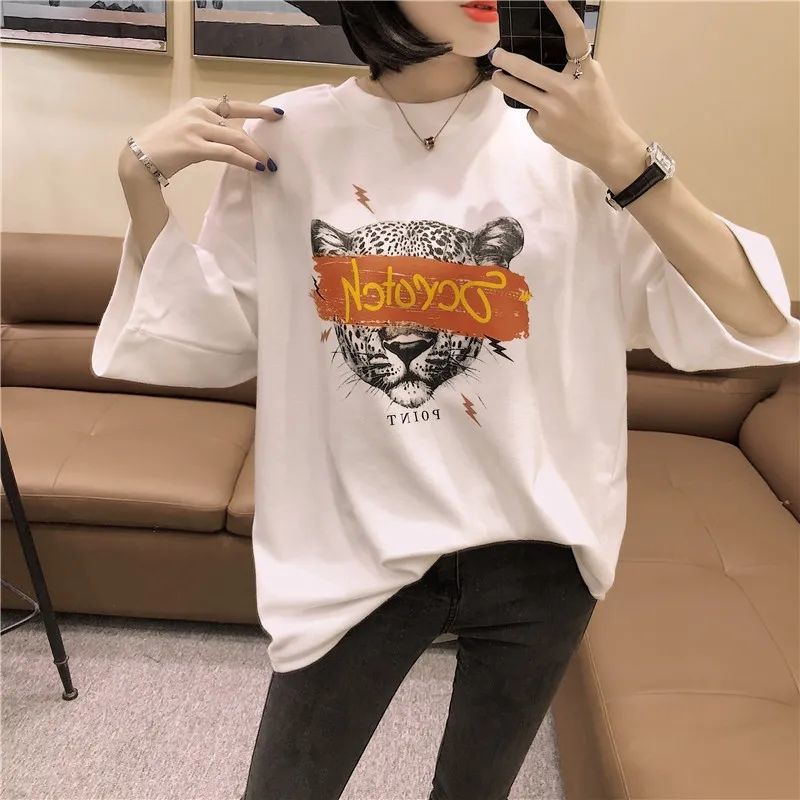 Spring and autumn and winter hair new leopard head letter round neck short sleeve T-shirt for women