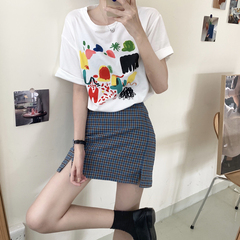 Real shot new design feeling minority graffiti print short sleeve T-shirt women summer loose Korean style