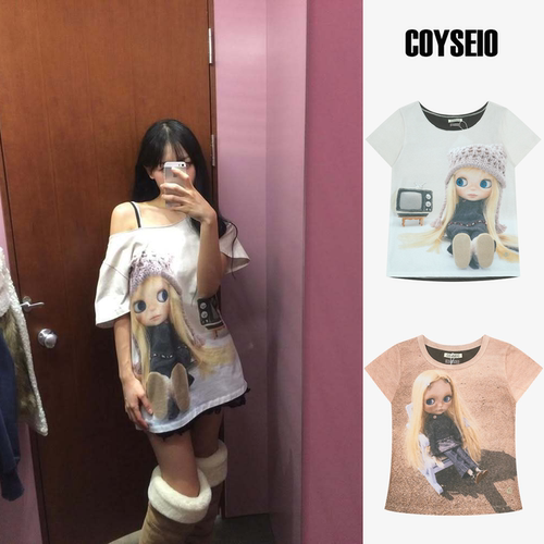 COYSEIO联名款卡通斜肩短袖T恤女