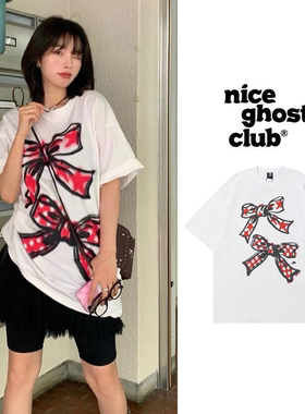 【官方正品】nice ghost club蝴蝶结印花短袖T恤女夏宽松ngc上衣