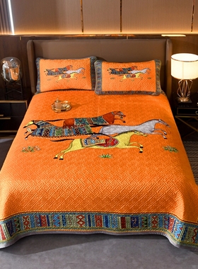 新款高端加厚轻奢橙色爱马风数码印花宝宝绒床盖三件套秋冬绒床单